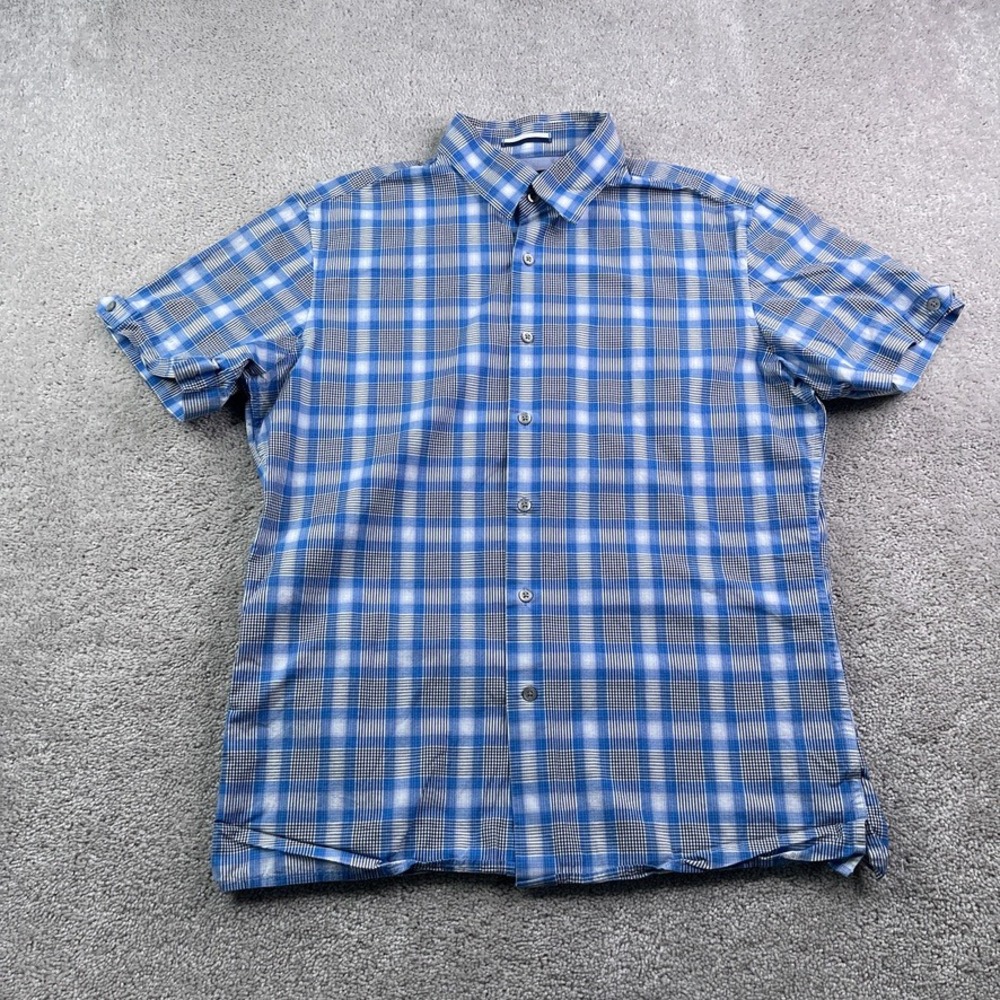 Banana Republic Shirt Mens Medium Blue Ombre Plaid Short Sleeve Button‎ Up